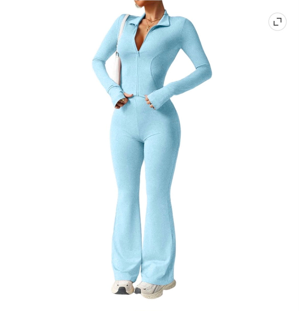 Zip-Up Flare Jumpsuit – Long Sleeve Bodycon One-Piece