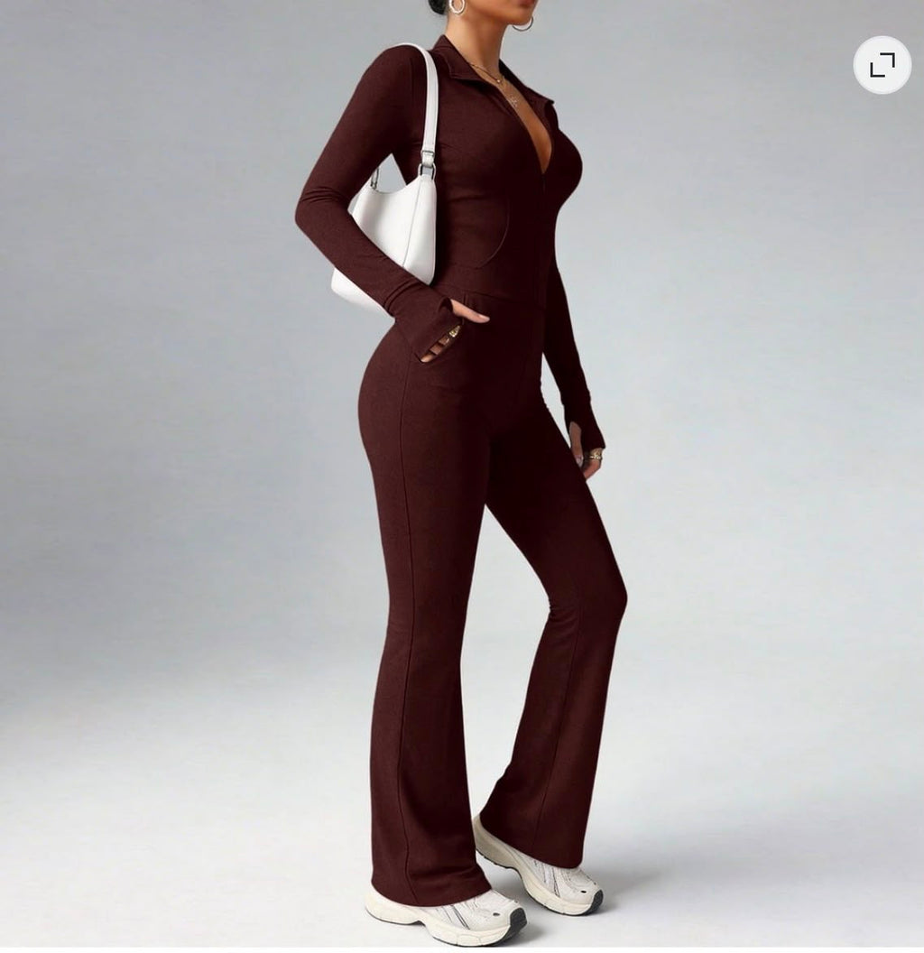 Zip-Up Flare Jumpsuit – Long Sleeve Bodycon One-Piece