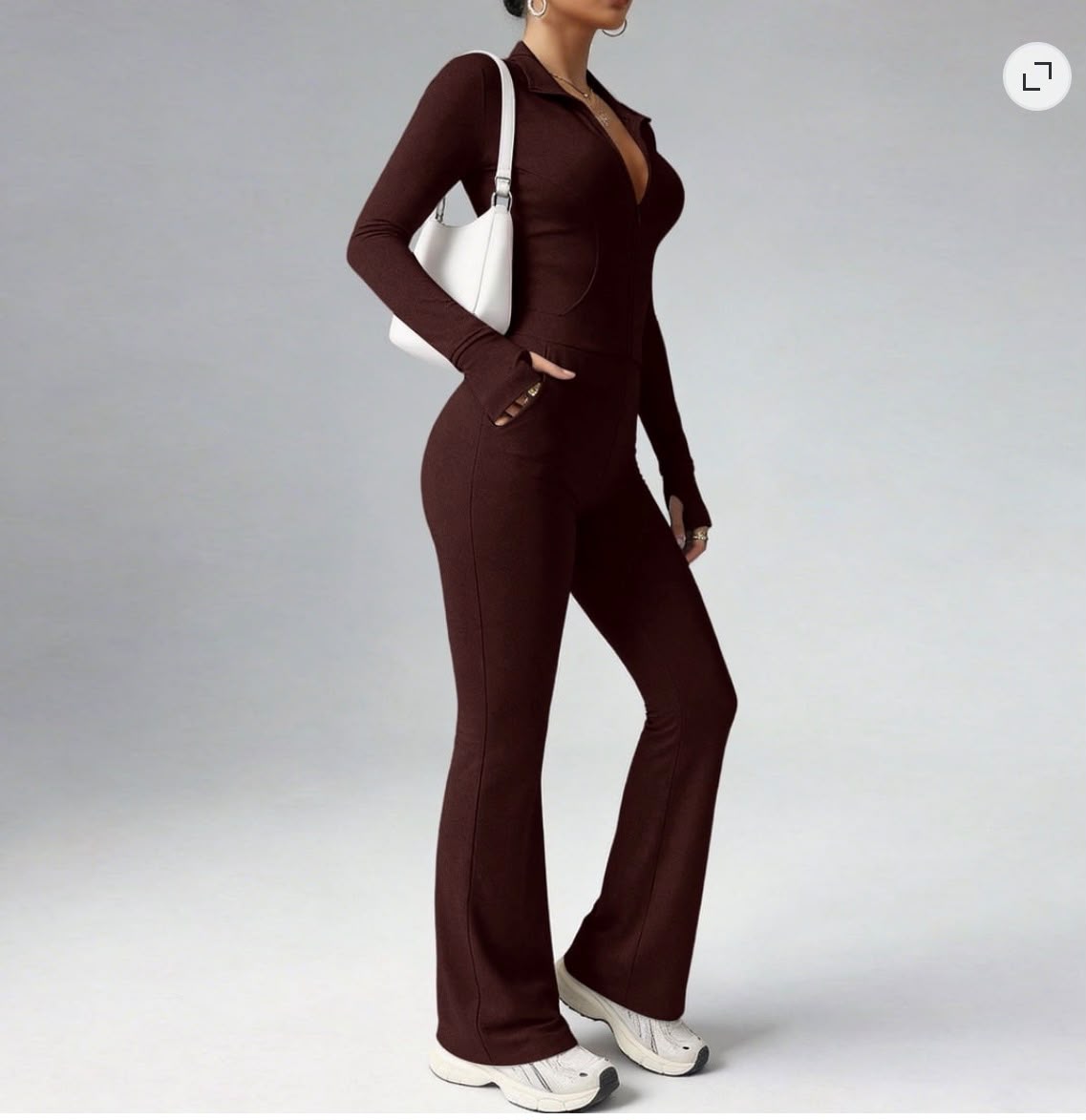 Zip-Up Flare Jumpsuit – Long Sleeve Bodycon One-Piece