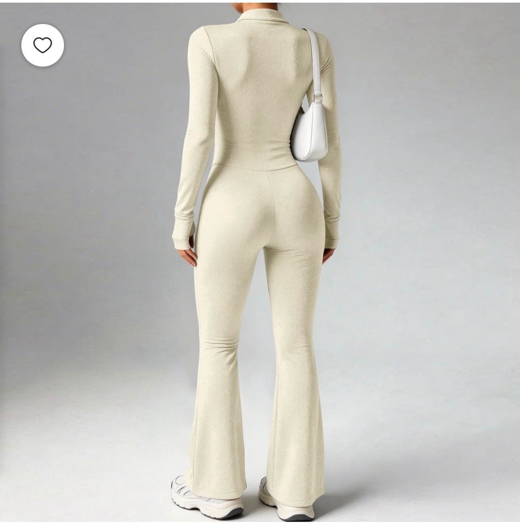 Zip-Up Flare Jumpsuit – Long Sleeve Bodycon One-Piece