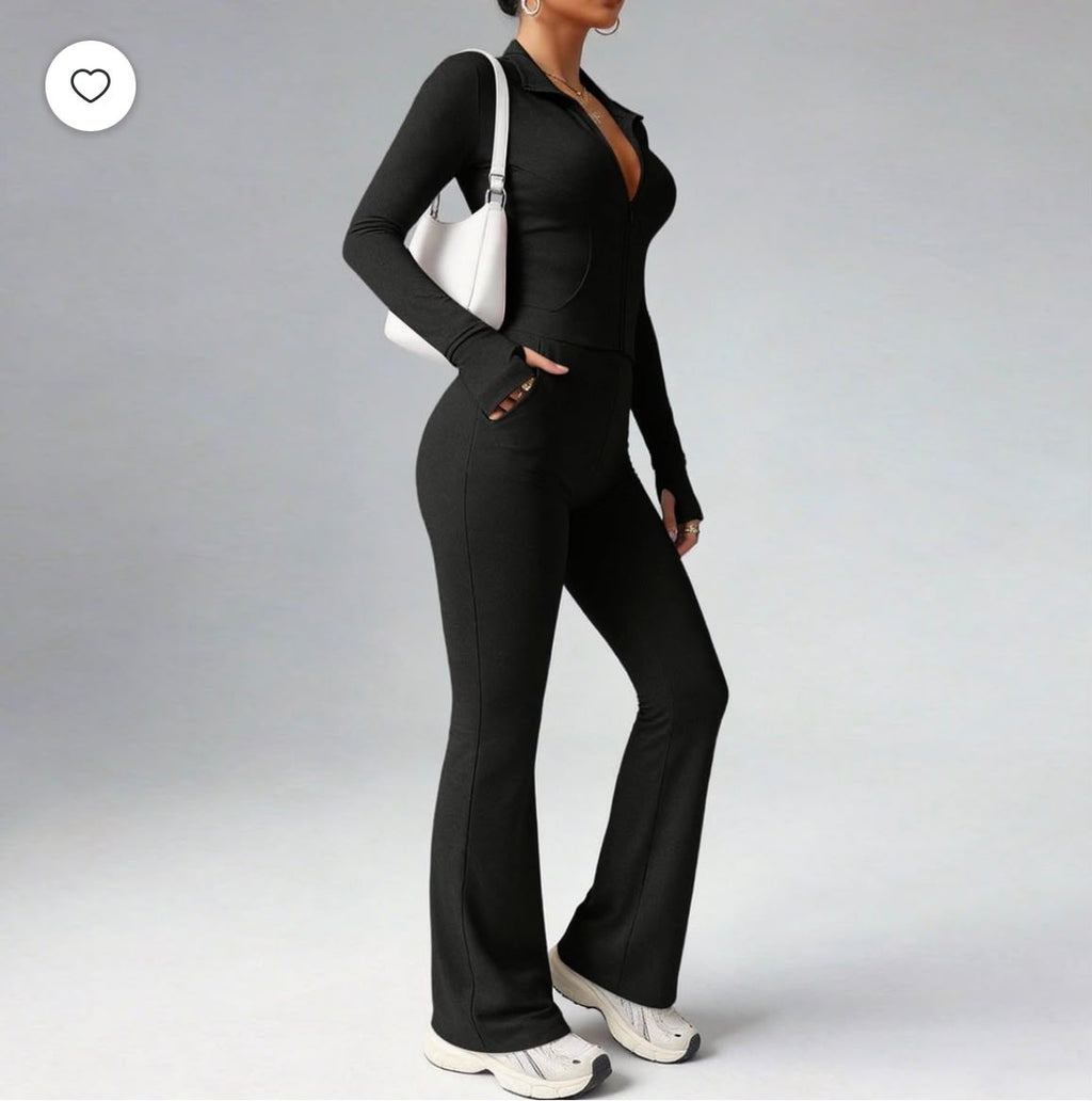 Zip-Up Flare Jumpsuit – Long Sleeve Bodycon One-Piece
