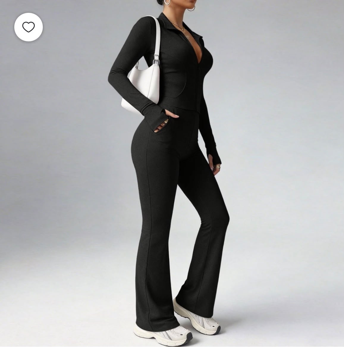 Zip-Up Flare Jumpsuit – Long Sleeve Bodycon One-Piece