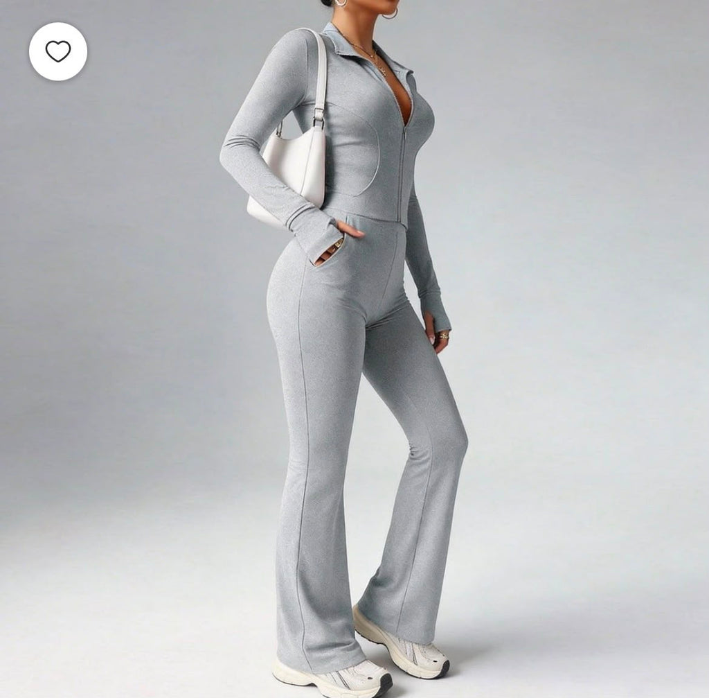 Zip-Up Flare Jumpsuit – Long Sleeve Bodycon One-Piece