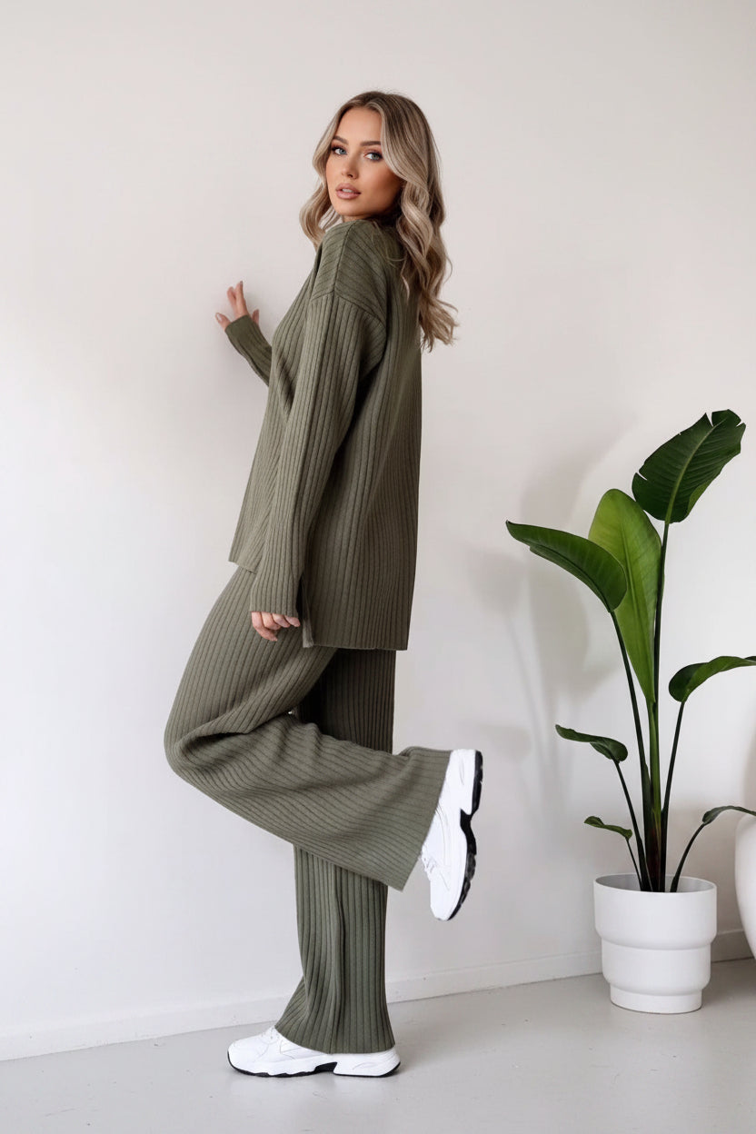 Turtleneck Knitted Suit Loose Split Design Long-sleeved Top And Straight Trousers Fashion Casual Solid Set Women's Clothing